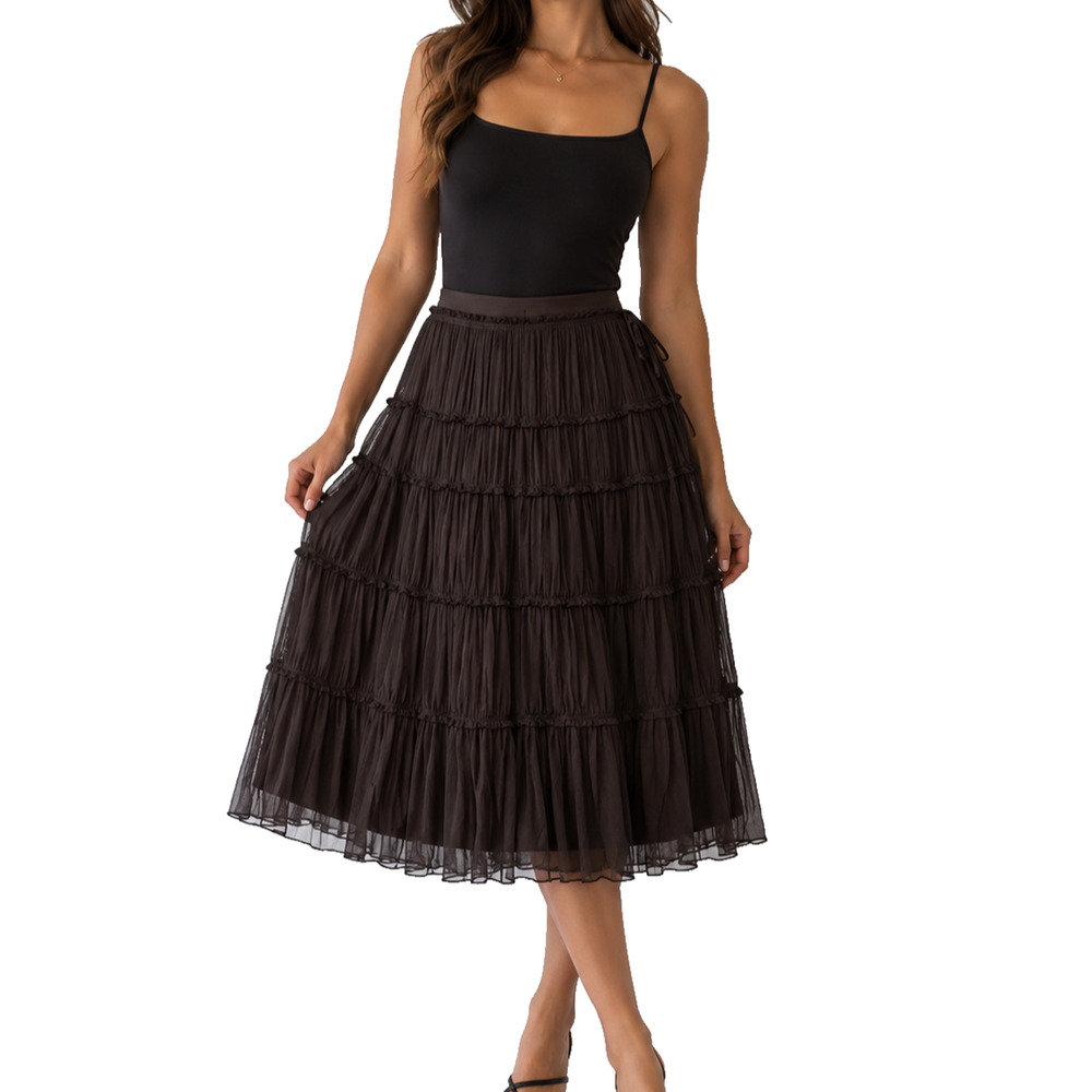 Maxazria Collection Womens 12 Midi Tiered Fairy Boho Skirt 100% Silk Brown Flowy